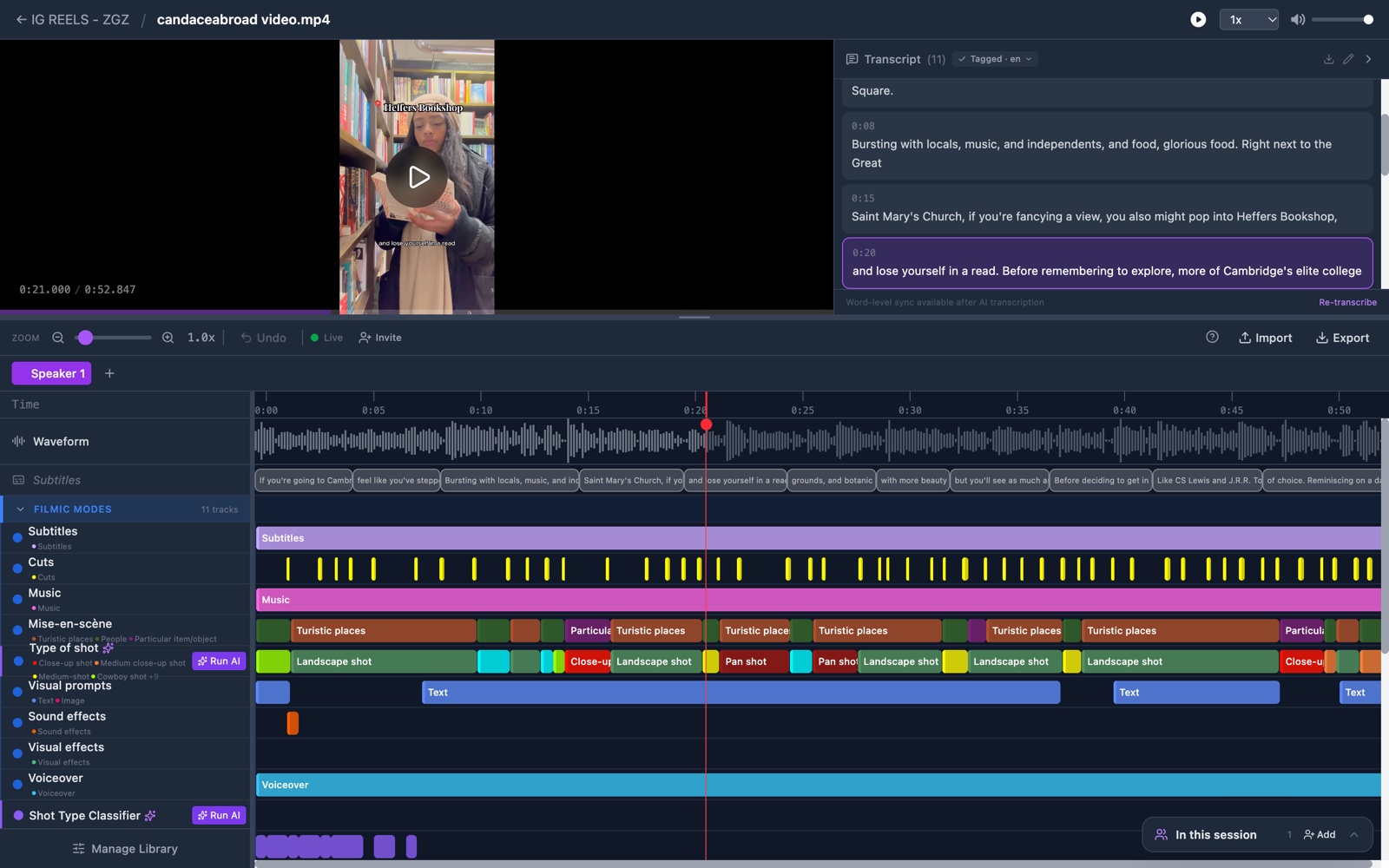 The annotator. The video is at the top left, the transcript is at the top right, and the timeline with its tracks fills the lower half.