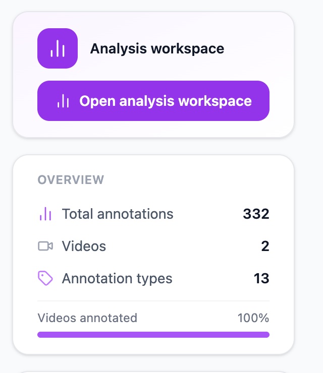 The right side of a project page: the Open analysis workspace button, and the Overview card with the total annotations, the videos and the annotation types.