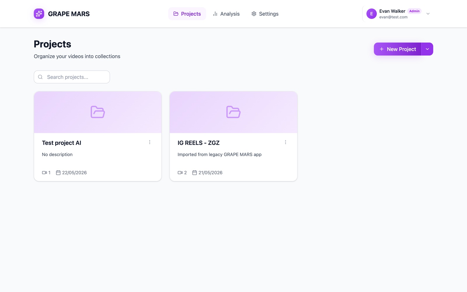 The Projects page, with one card for each project and the New Project button at the top right.