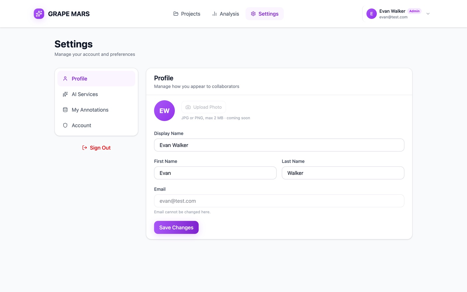 The Settings page on the Profile tab.