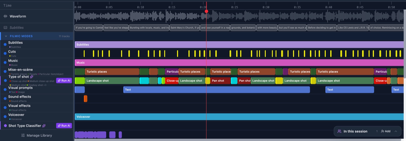 The timeline. Each row is a track, and each coloured bar is one annotation.