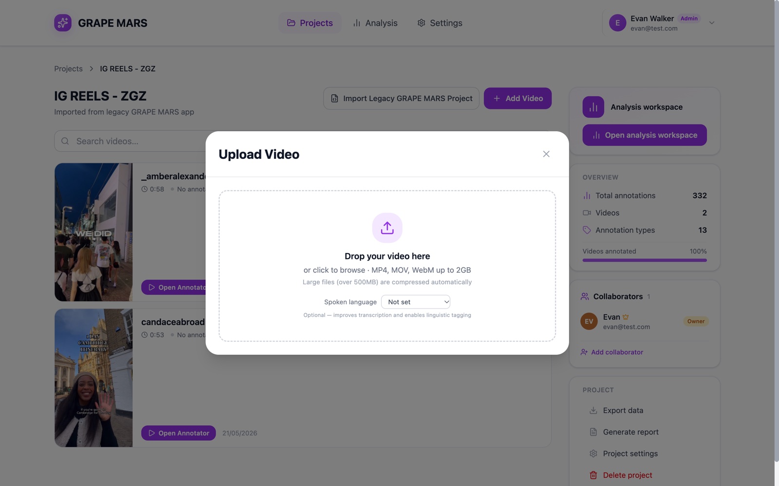 The Upload Video window, with the area where you drop a video file and the Spoken language menu under it.