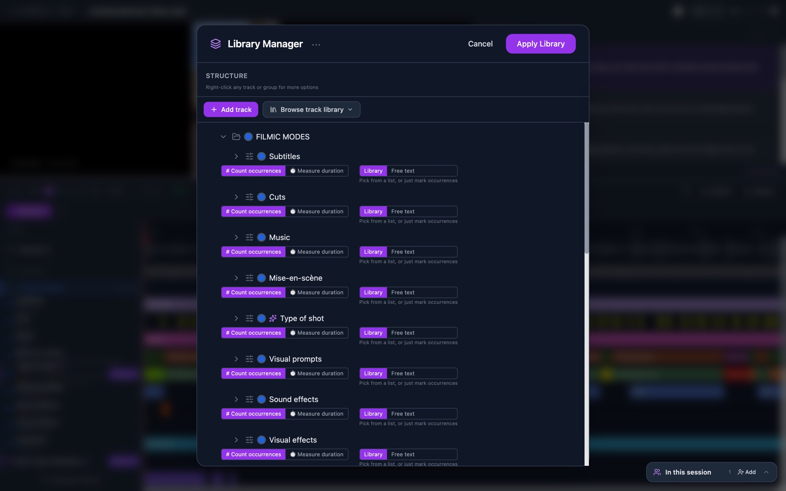 The Library Manager dialog: a tree of tracks such as Subtitles, Cuts and Music, each with a choice between counting occurrences and measuring duration.